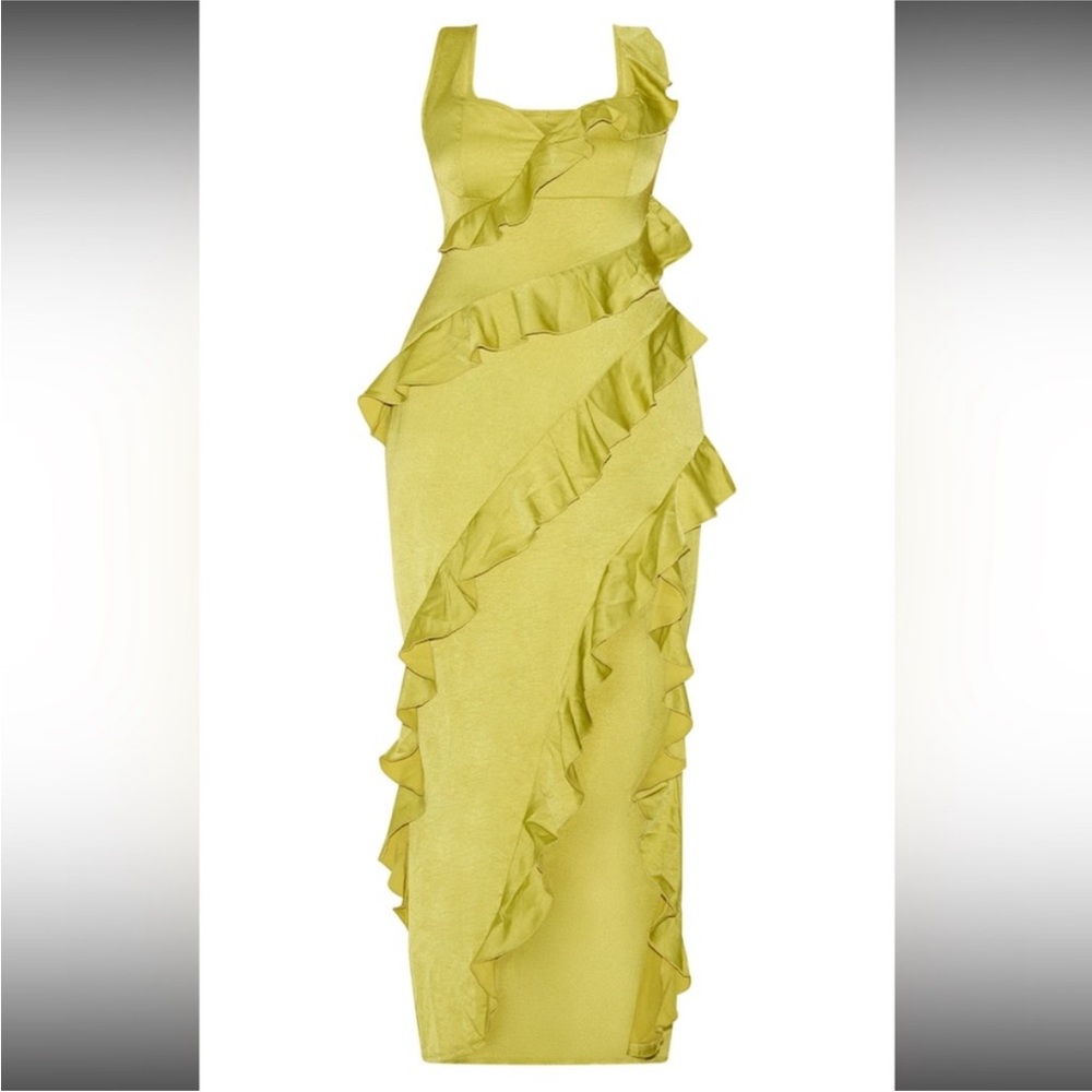 PrettyLittleThing Lime Green Ruffle Midi Dress - Picture 2 of 12